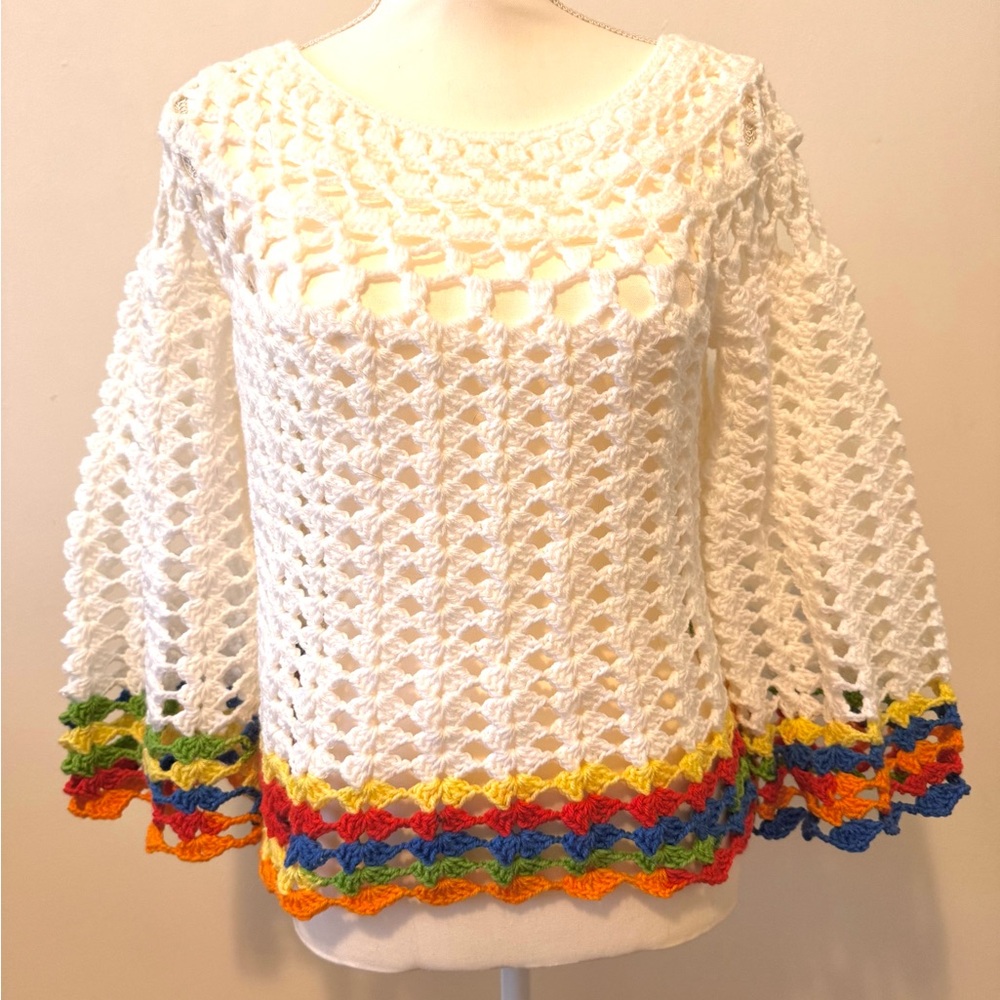 White Crochet Crew Neck Sweater with Colorful Trim